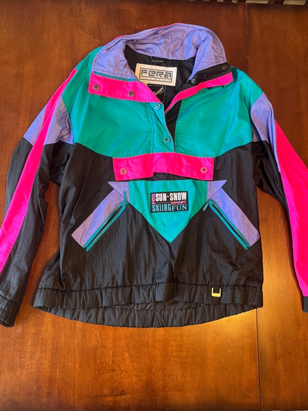 Vintage FERA SKI jacket teal pink purple black 90s vibes snow windbreaker